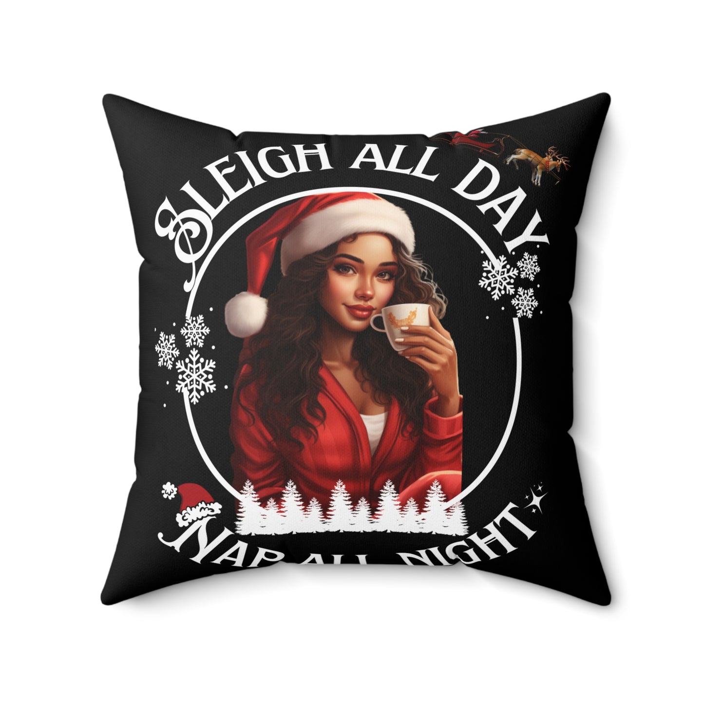 Black Sleigh All Day Nap All Night Pillow – Funny Holiday Decor for Moms