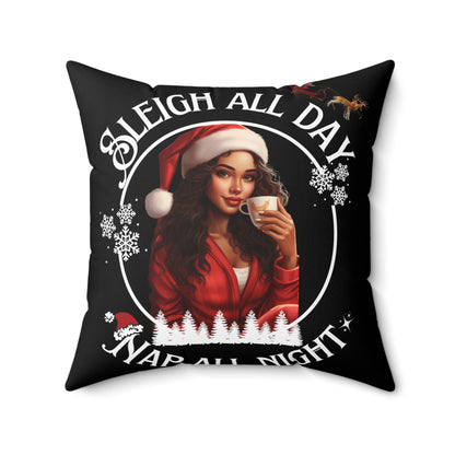 Black Sleigh All Day Nap All Night Pillow – Funny Holiday Decor for Moms